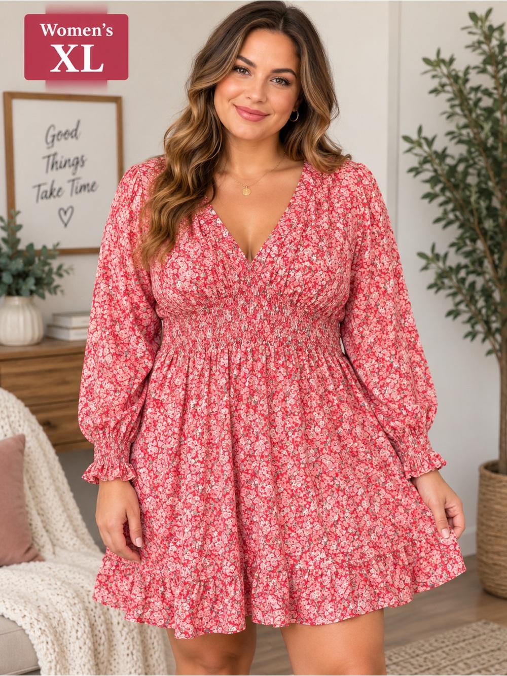 Floral Smocked Waist Long-Sleeve Dress in Pink SIZE XL Pit 17” LENGTH 37”